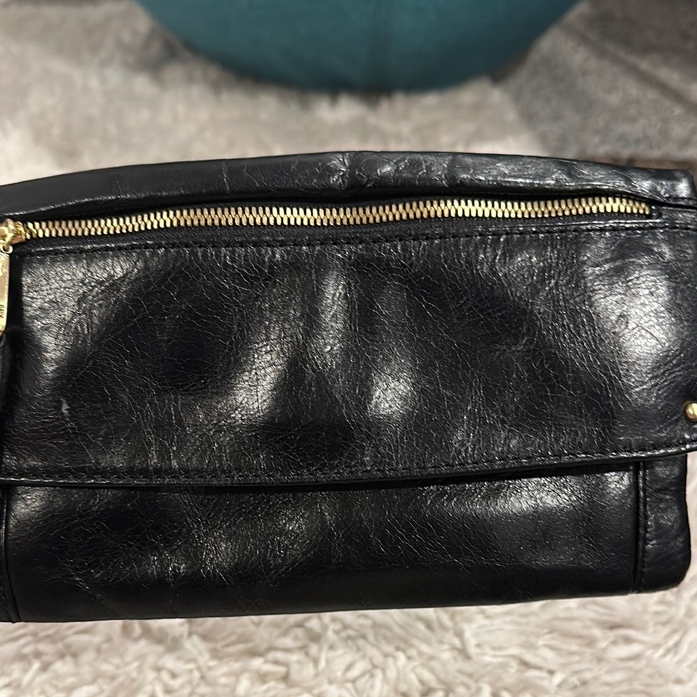 HOBO Black Leather Clutch with Gold Zipper.  Excellent condition.